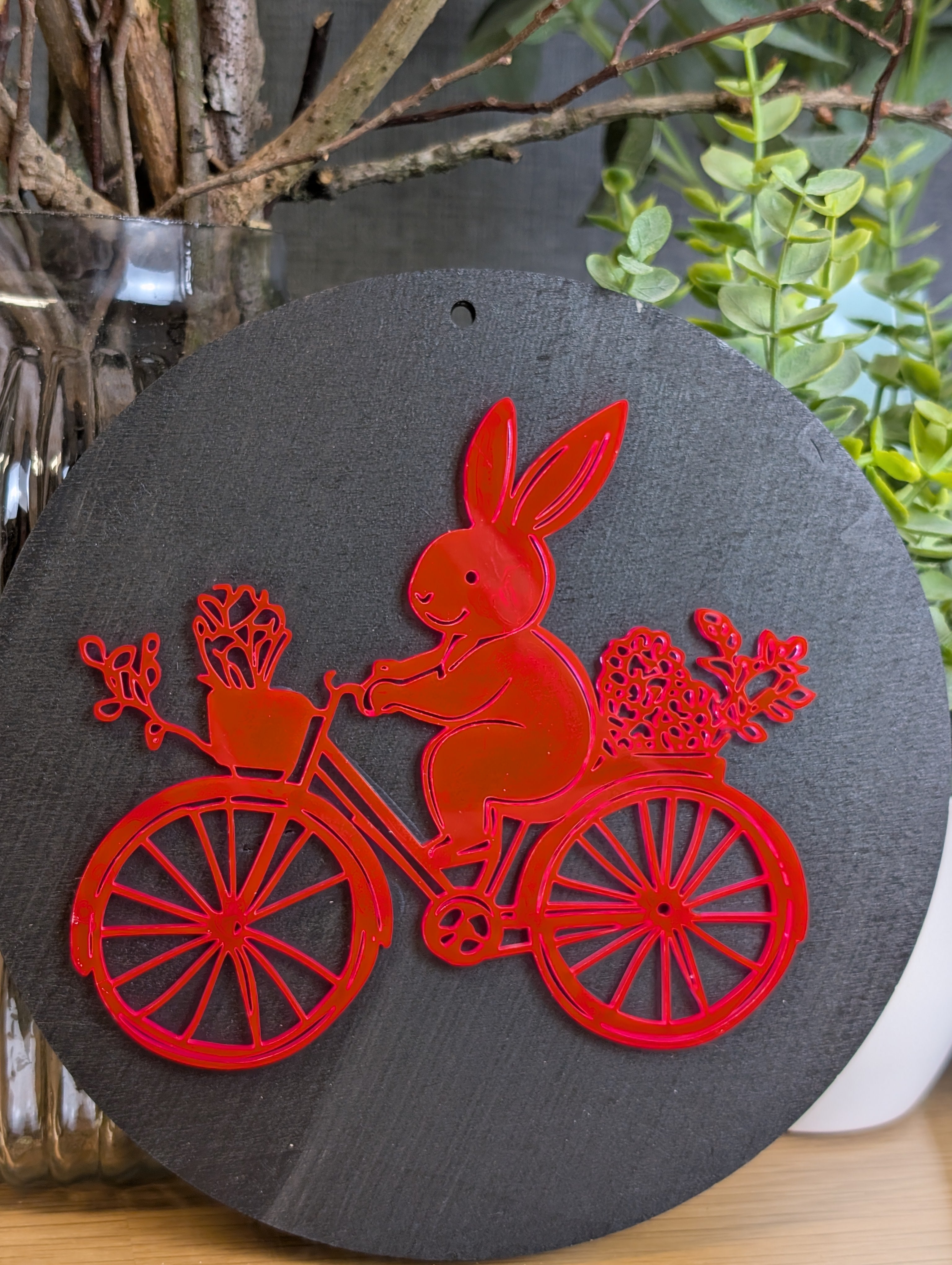 Holz-Wandbild „Hase auf Radtour“