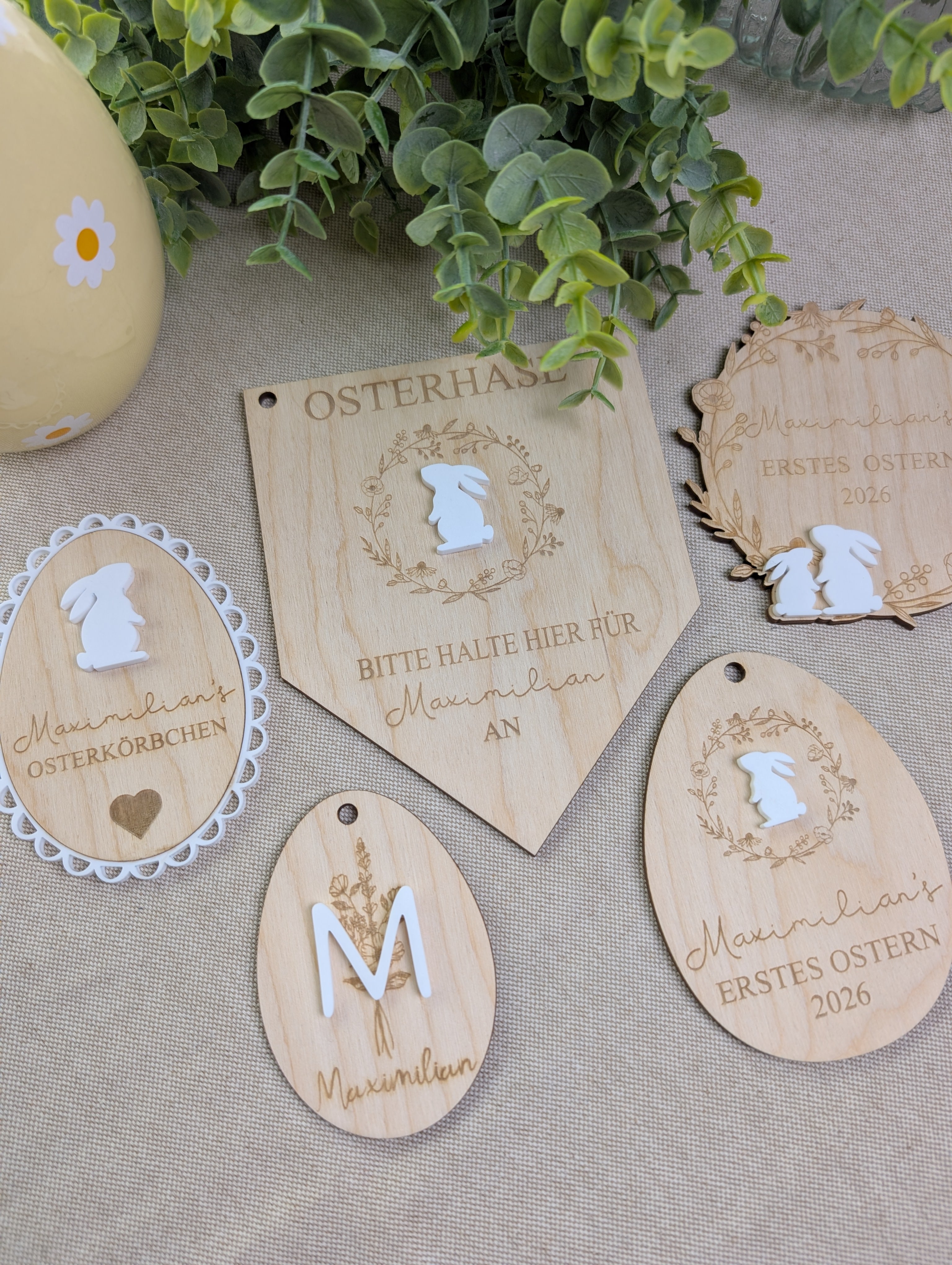 Personalisiertes Oster-Set aus Holz & 3D-Acryl | "Erstes Ostern", Türschild & Osterkörbchen-Anhänger