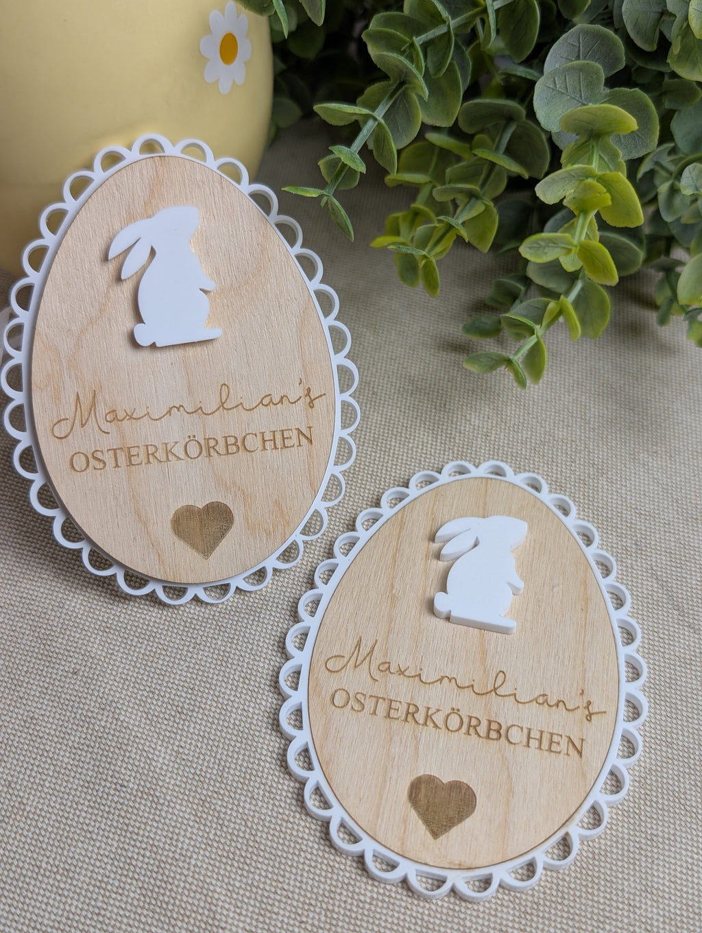 Personalisiertes Oster-Set aus Holz & 3D-Acryl | "Erstes Ostern", Türschild & Osterkörbchen-Anhänger