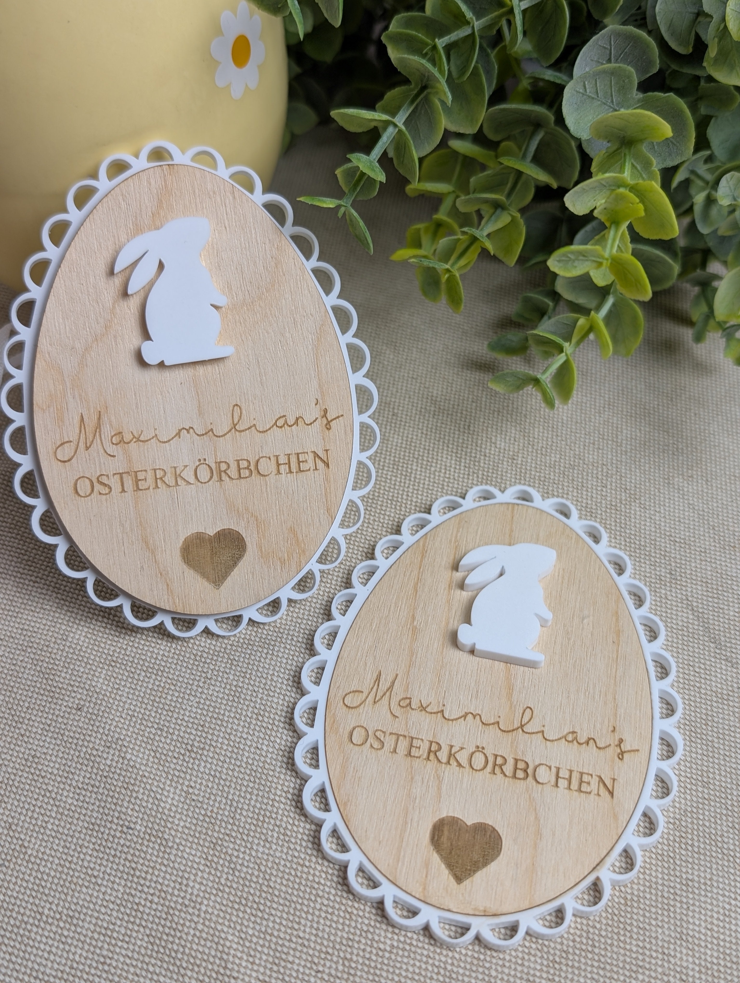 Personalisiertes Oster-Set aus Holz & 3D-Acryl | "Erstes Ostern", Türschild & Osterkörbchen-Anhänger