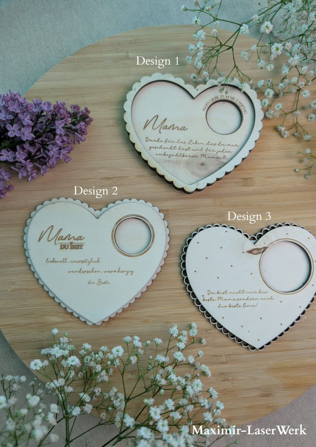 Muttertags-Teelichthalter aus Holz mit Gravur | Geschenk für Mama | Herz-Design