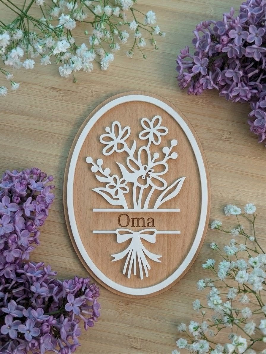Personalisierbares 3D-Blumenschild aus Holz & Acryl | Geschenk für Mama, Oma