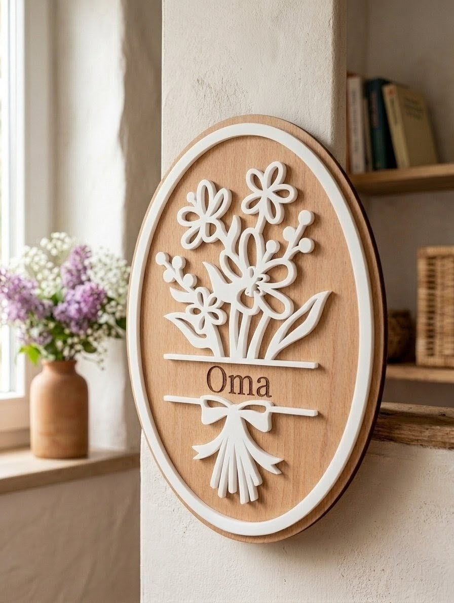Personalisierbares 3D-Blumenschild aus Holz & Acryl | Geschenk für Mama, Oma
