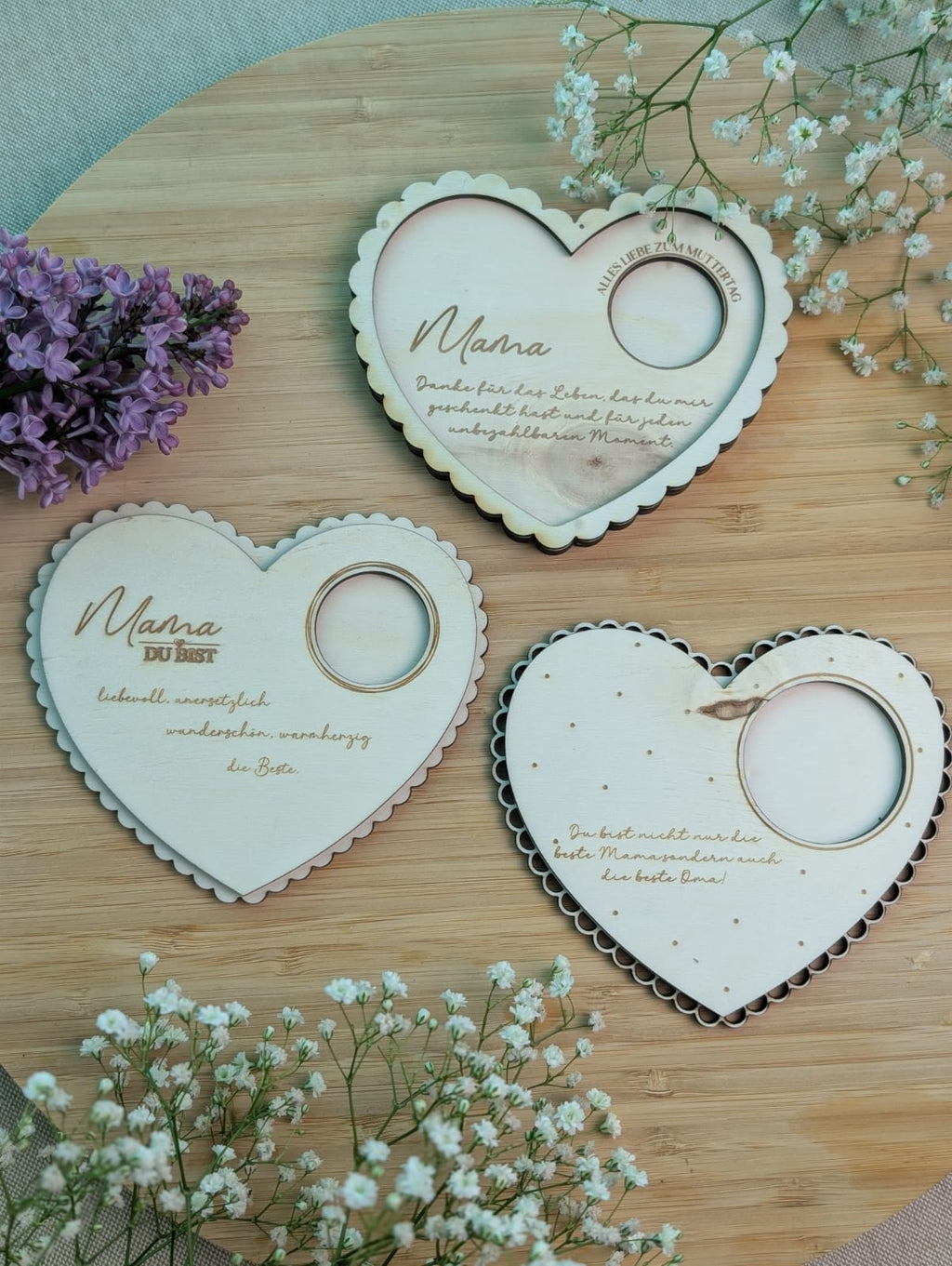 Muttertags-Teelichthalter aus Holz mit Gravur | Geschenk für Mama | Herz-Design