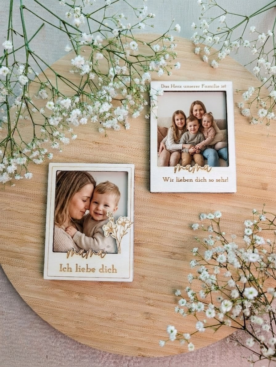 Personalisierter Magnet-Bilderrahmen aus Holz | Geschenk für Mama