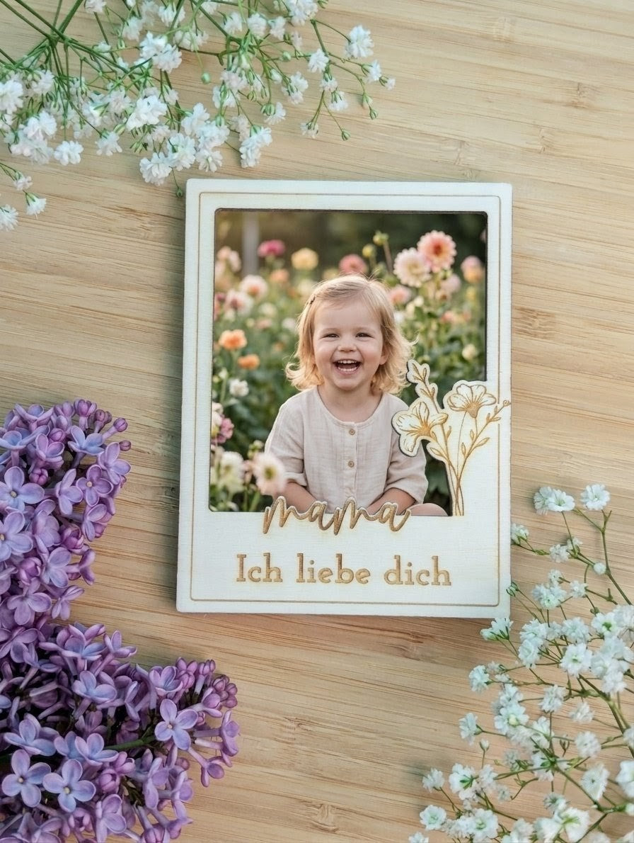 Personalisierter Magnet-Bilderrahmen aus Holz | Geschenk für Mama