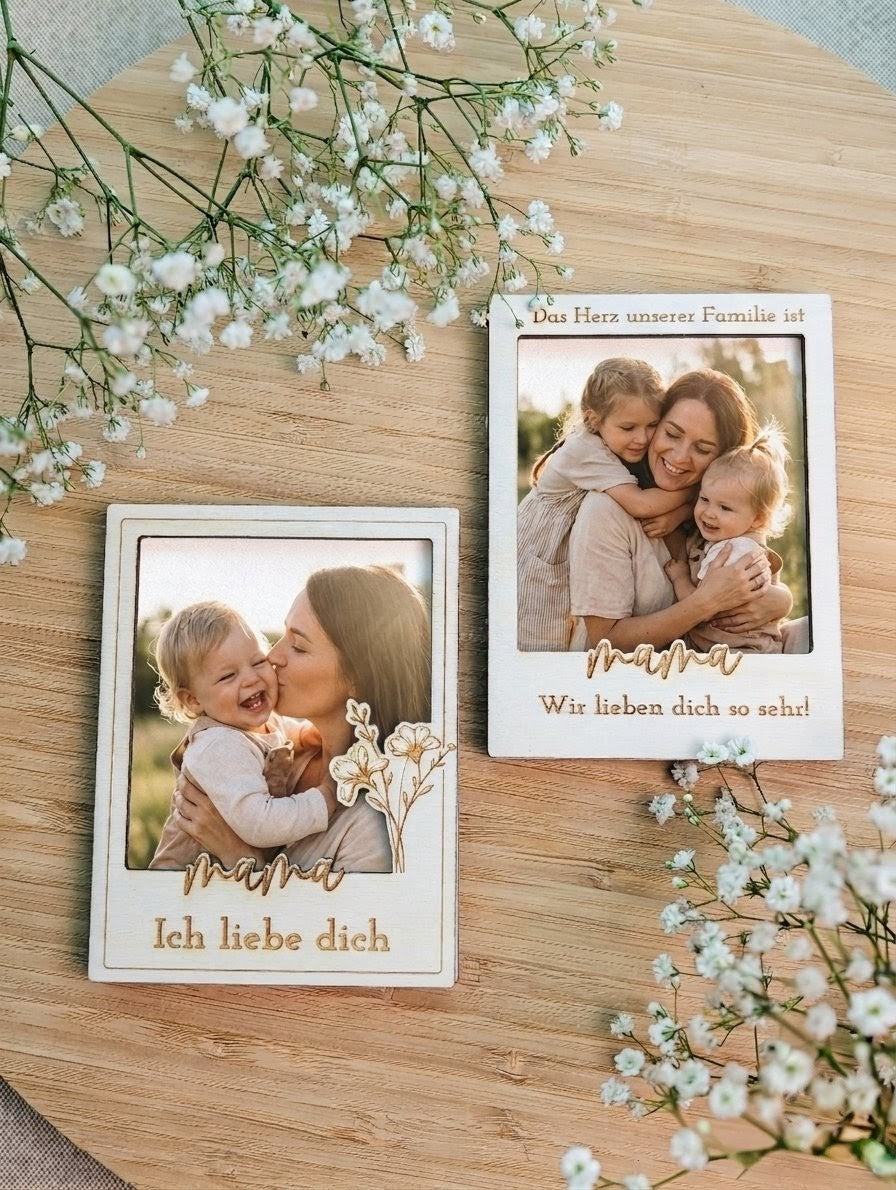Personalisierter Magnet-Bilderrahmen aus Holz | Geschenk für Mama
