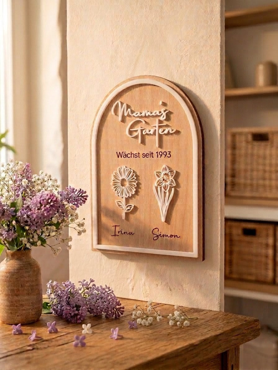 3D-Holzschild "Mamas Garten" mit Namen & Blumen | Personalisiertes Geschenk