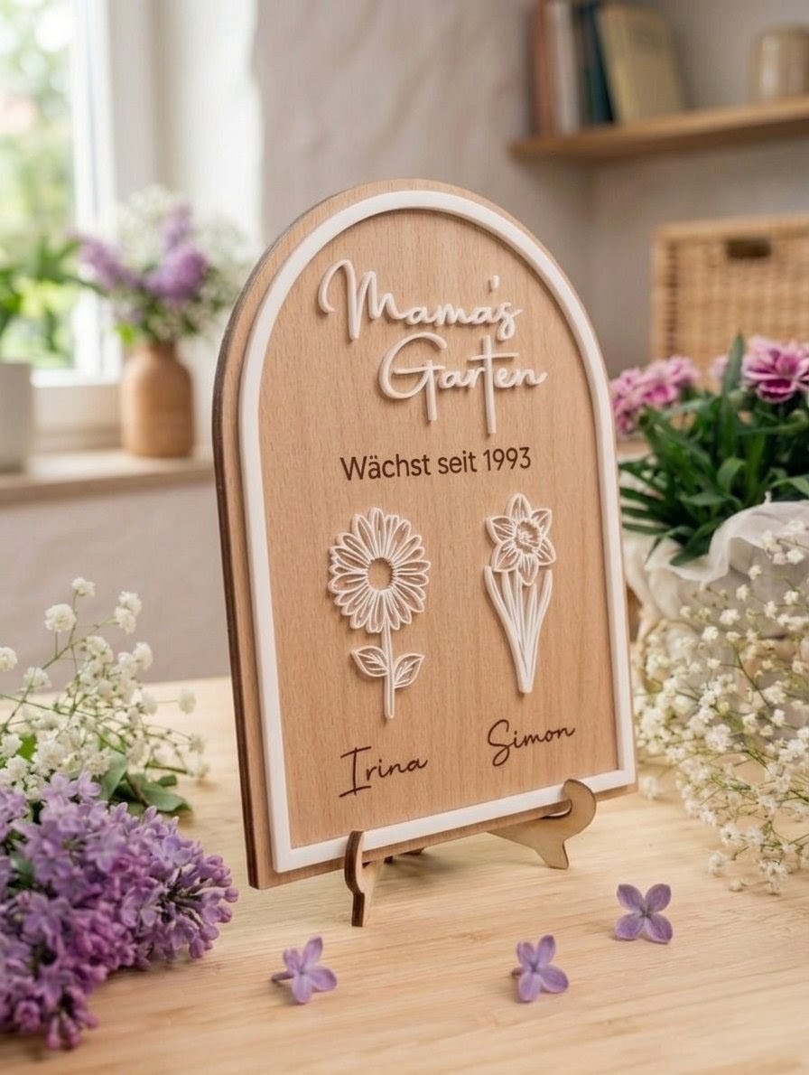 3D-Holzschild "Mamas Garten" mit Namen & Blumen | Personalisiertes Geschenk