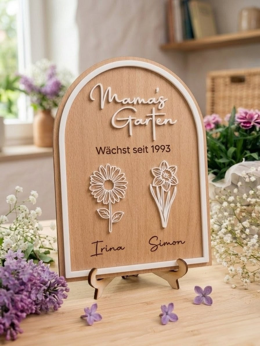 3D-Holzschild "Mamas Garten" mit Namen & Blumen | Personalisiertes Geschenk