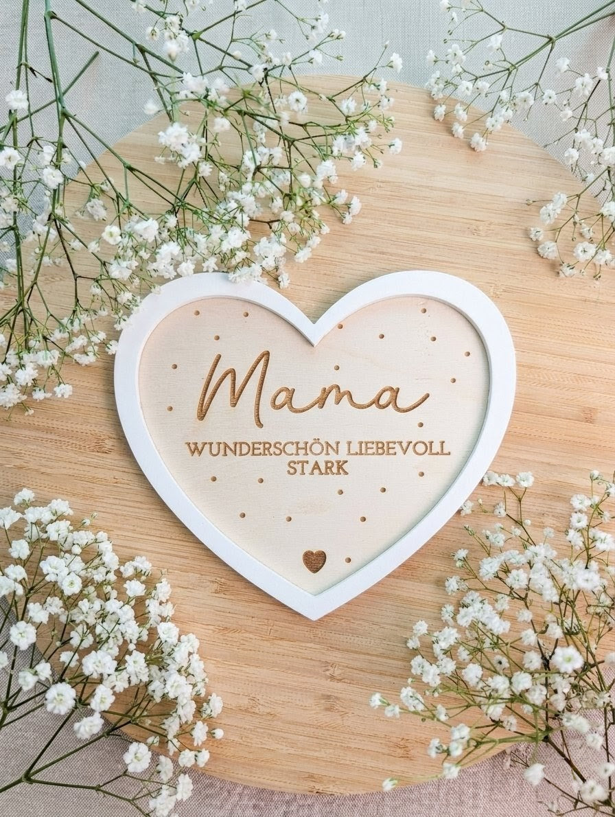 Dekoratives Herz-Schild „Mama“ aus Holz mit 3D-Acrylrahmen