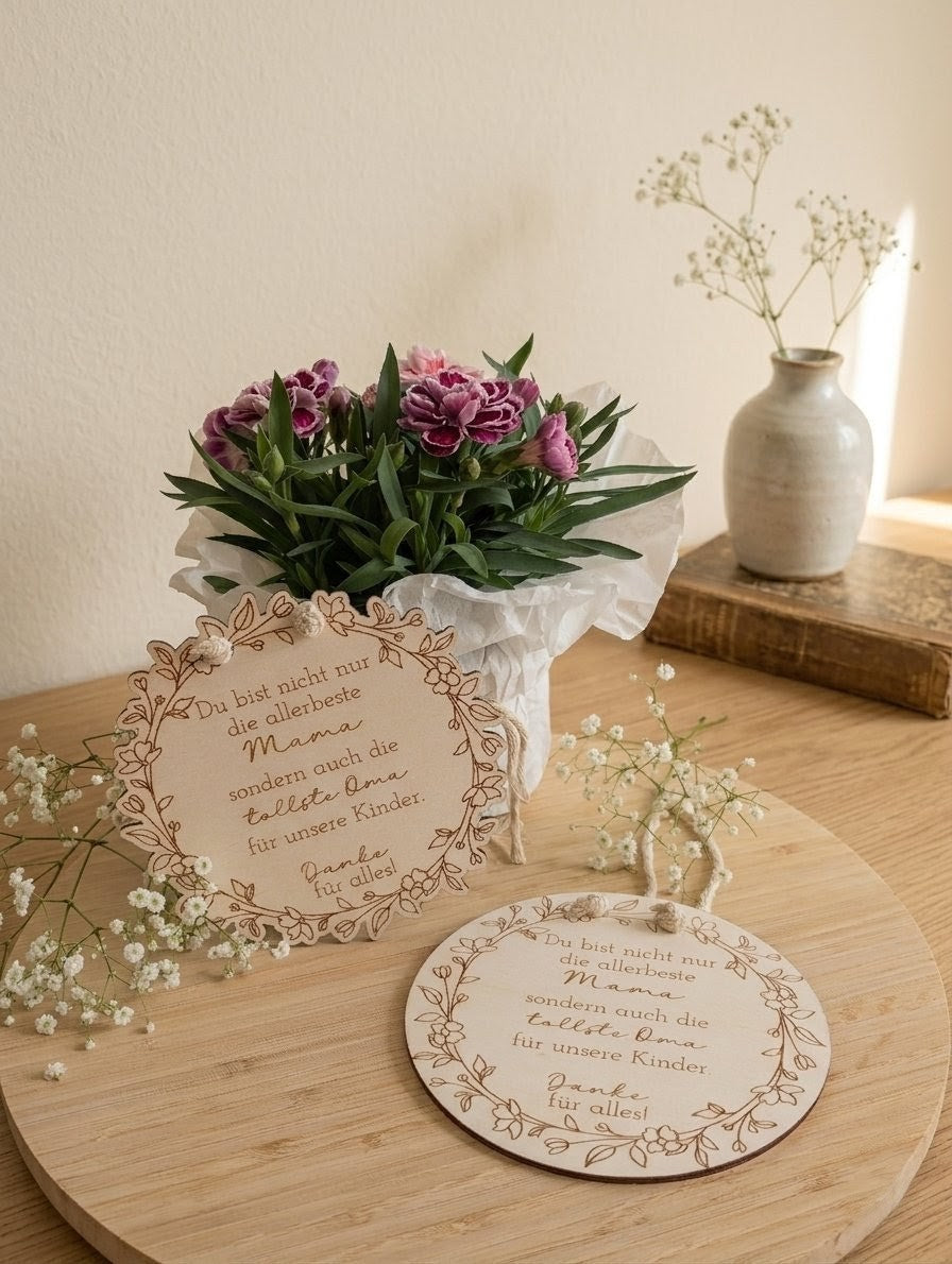 Graviertes Holzschild "Mama & Oma" mit Blumenkranz | Personalisiert
