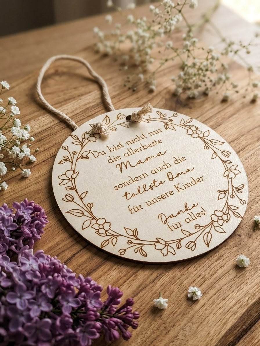 Graviertes Holzschild "Mama & Oma" mit Blumenkranz | Personalisiert