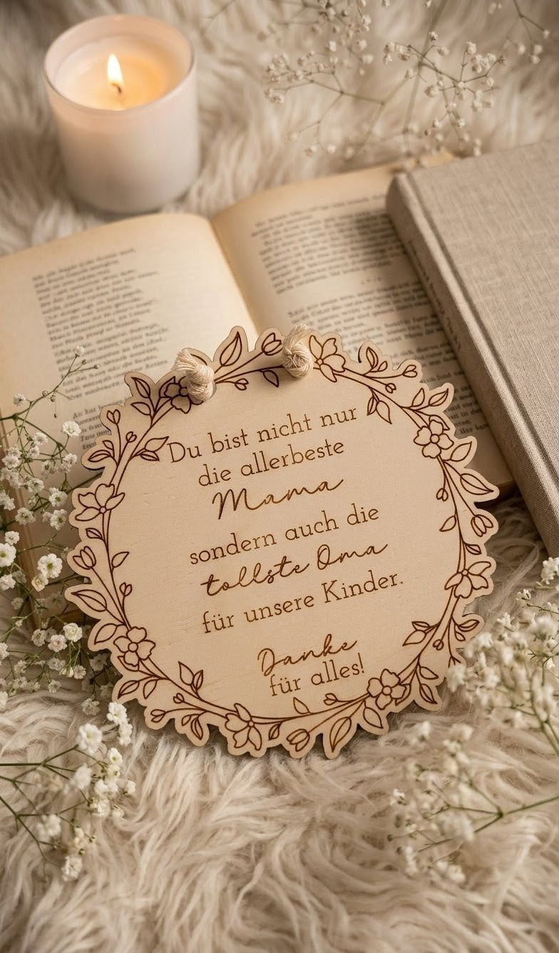 Graviertes Holzschild "Mama & Oma" mit Blumenkranz | Personalisiert