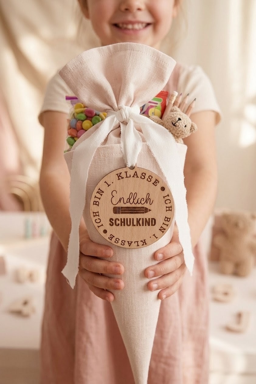 Holzschild & Schultüten-Anhänger "Endlich Schulkind" | Graviert