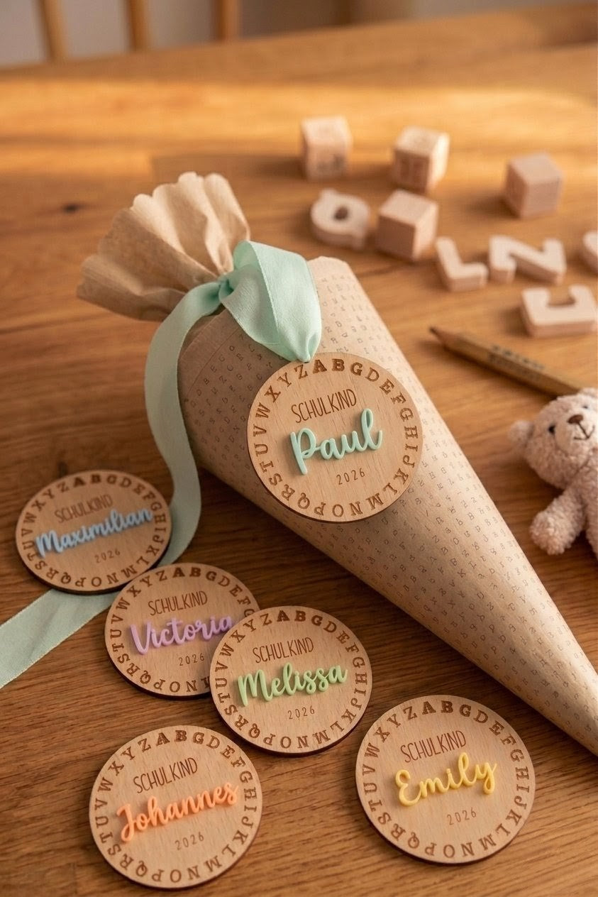 3D Schultüten-Anhänger "ABC" aus Holz & Acryl | Personalisiert