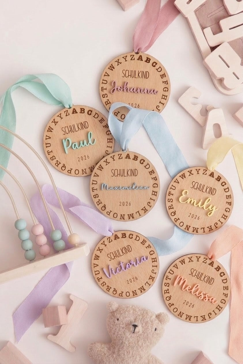 3D Schultüten-Anhänger "ABC" aus Holz & Acryl | Personalisiert