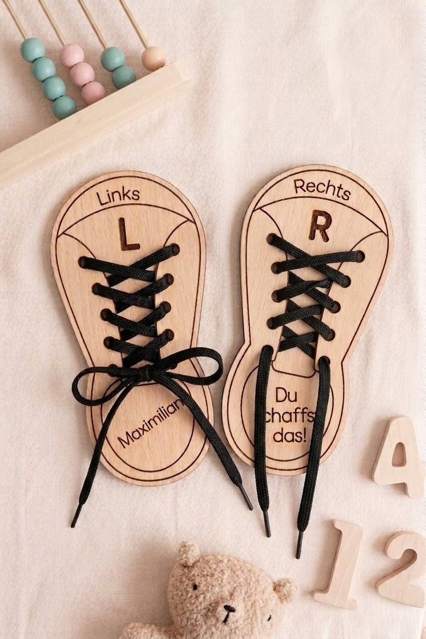 Holz-Lernschuh Set zum Schnürsenkel binden | Personalisiert