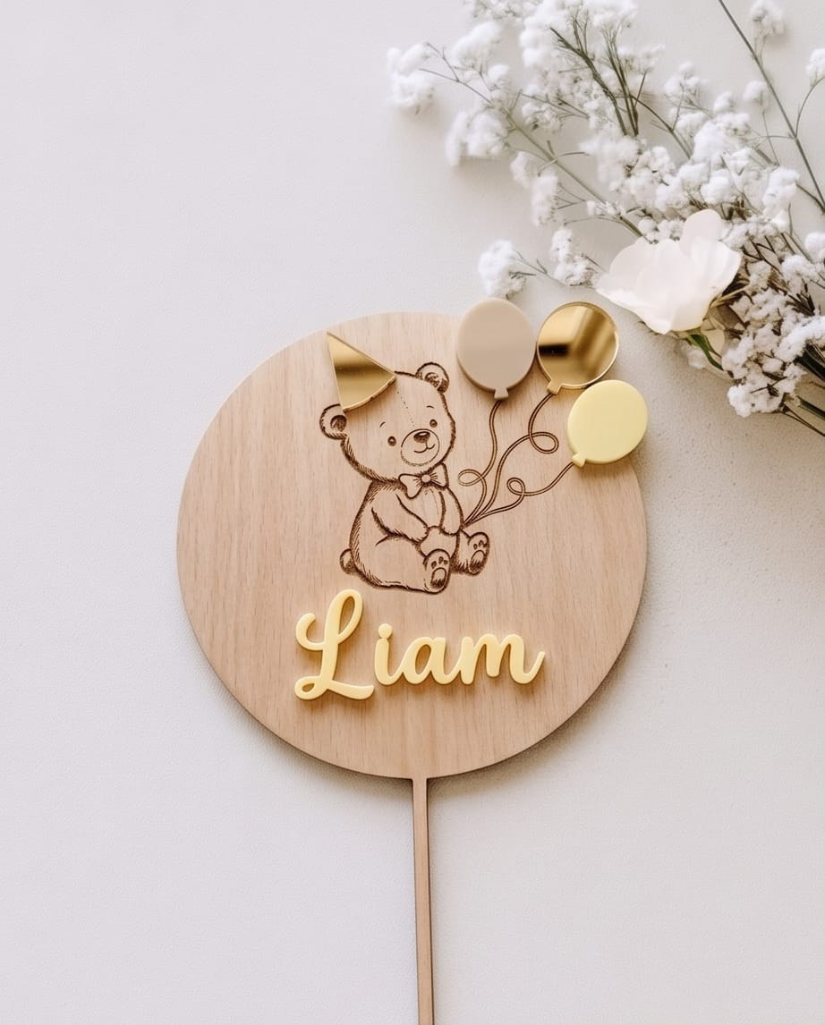 3D Cake Topper "Bär & Ballons" aus Holz & Acryl | Personalisiert