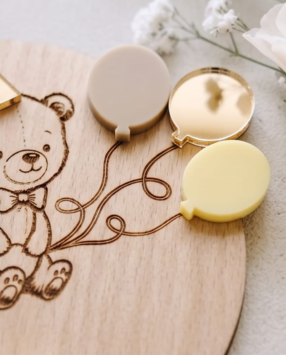3D Cake Topper "Bär & Ballons" aus Holz & Acryl | Personalisiert