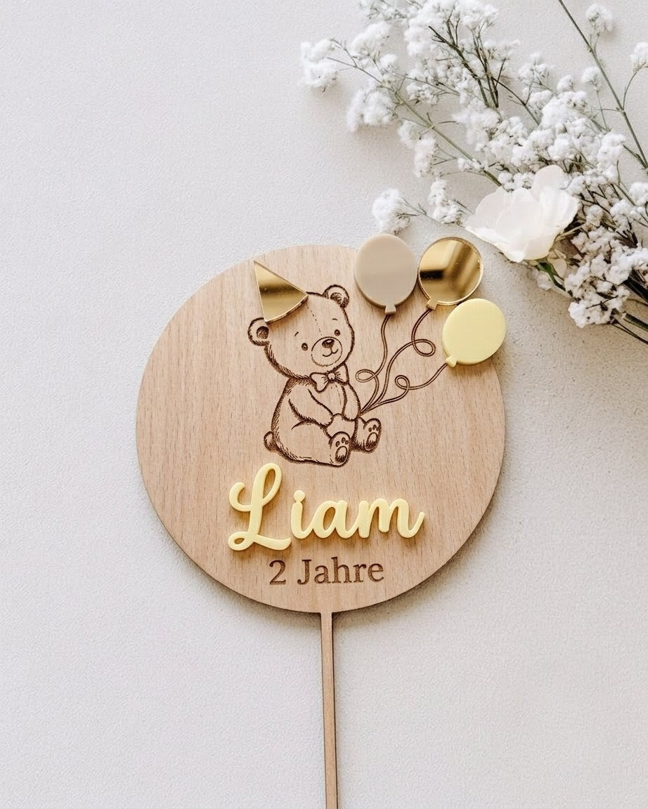 3D Cake Topper "Bär & Ballons" aus Holz & Acryl | Personalisiert
