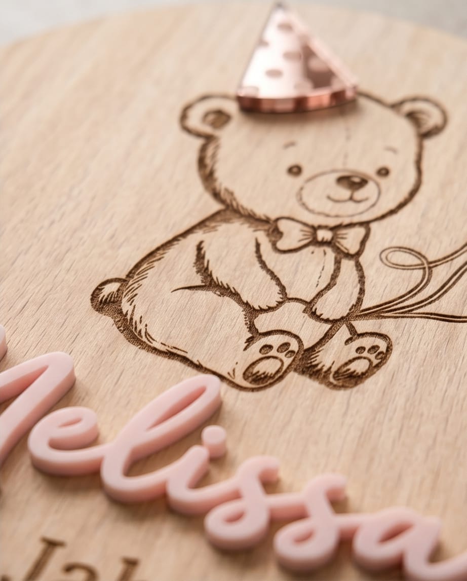 3D Cake Topper "Bär & Ballons" aus Holz & Acryl | Personalisiert