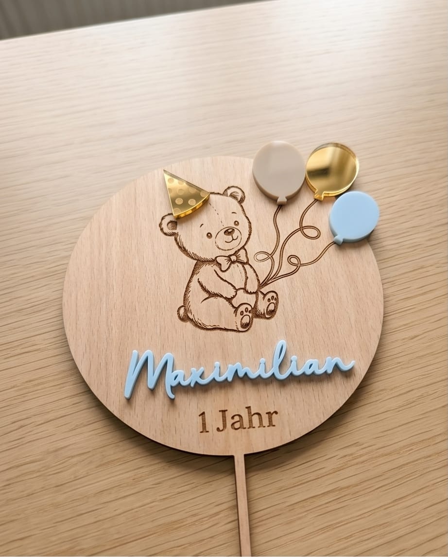 3D Cake Topper "Bär & Ballons" aus Holz & Acryl | Personalisiert