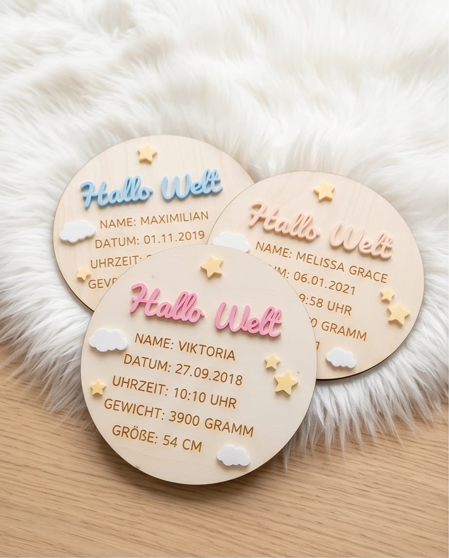 Personalisierte Geburtsanzeige "Hallo Welt" | Meilensteintafel aus Holz mit 3D-Acryl