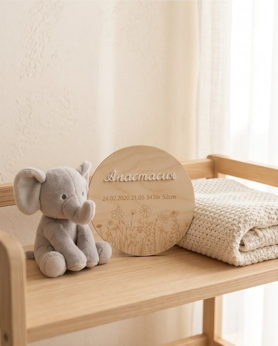 Personalisiertes Geburtsschild aus Holz | 3D-Acryl oder Gravur (Deutsch & Russisch)