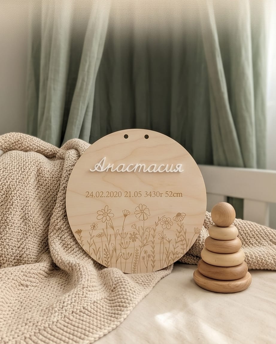 Personalisiertes Geburtsschild aus Holz | 3D-Acryl oder Gravur (Deutsch & Russisch)