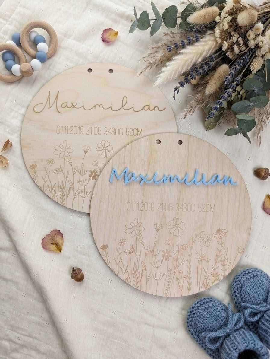 Personalisiertes Geburtsschild aus Holz | 3D-Acryl oder Gravur (Deutsch & Russisch)