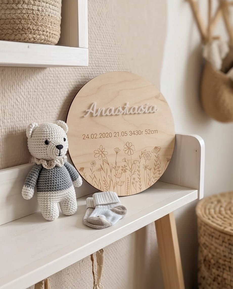 Personalisiertes Geburtsschild aus Holz | 3D-Acryl oder Gravur (Deutsch & Russisch)