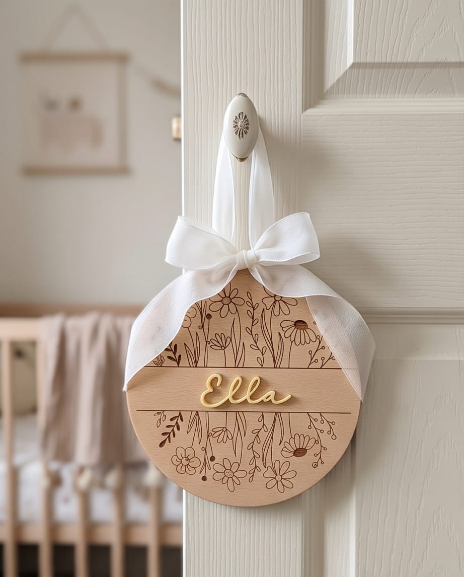 Personalisiertes Holzschild mit Blumen-Gravur & 3D Acryl-Namen | Türschild Kinderzimmer
