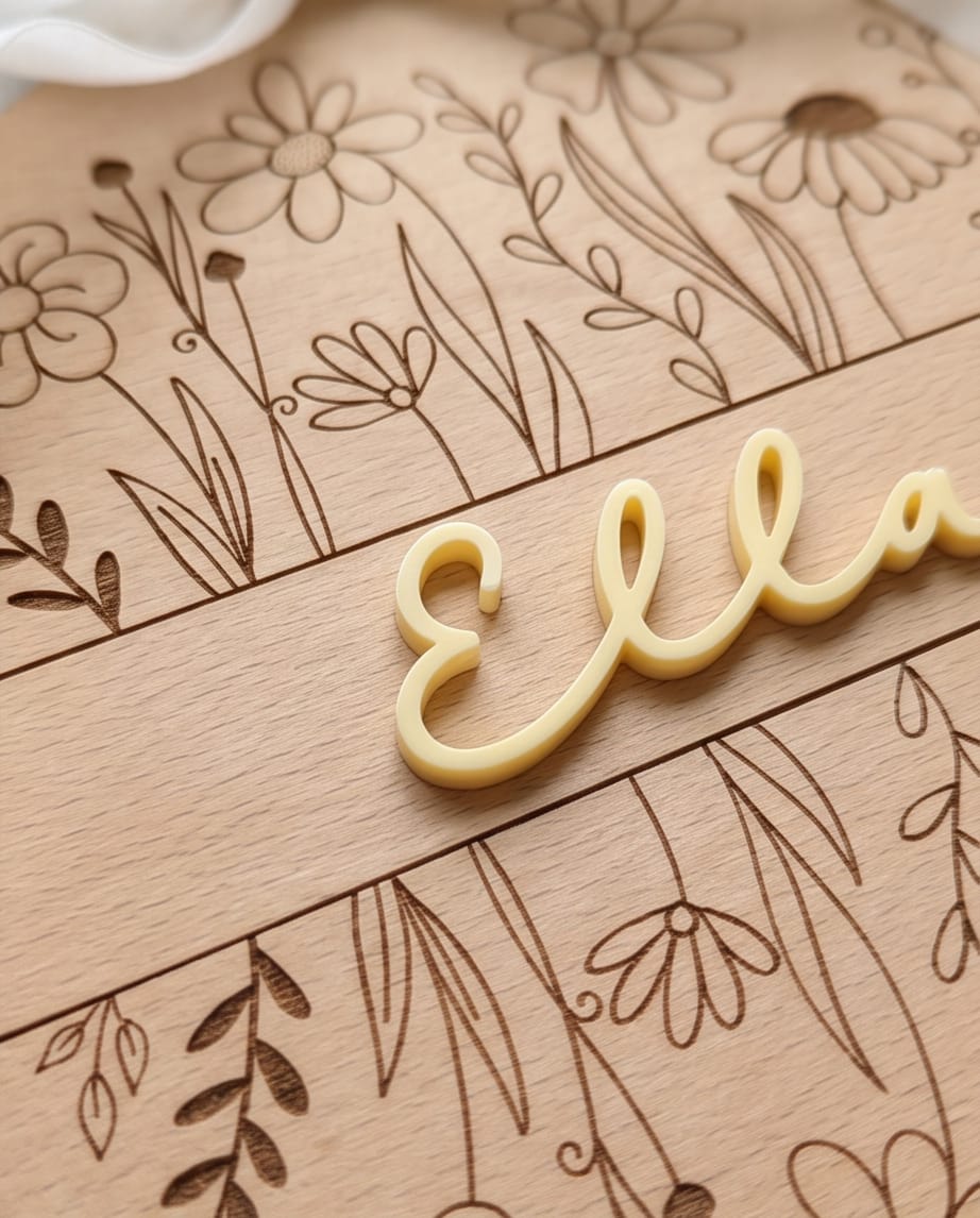 Personalisiertes Holzschild mit Blumen-Gravur & 3D Acryl-Namen | Türschild Kinderzimmer