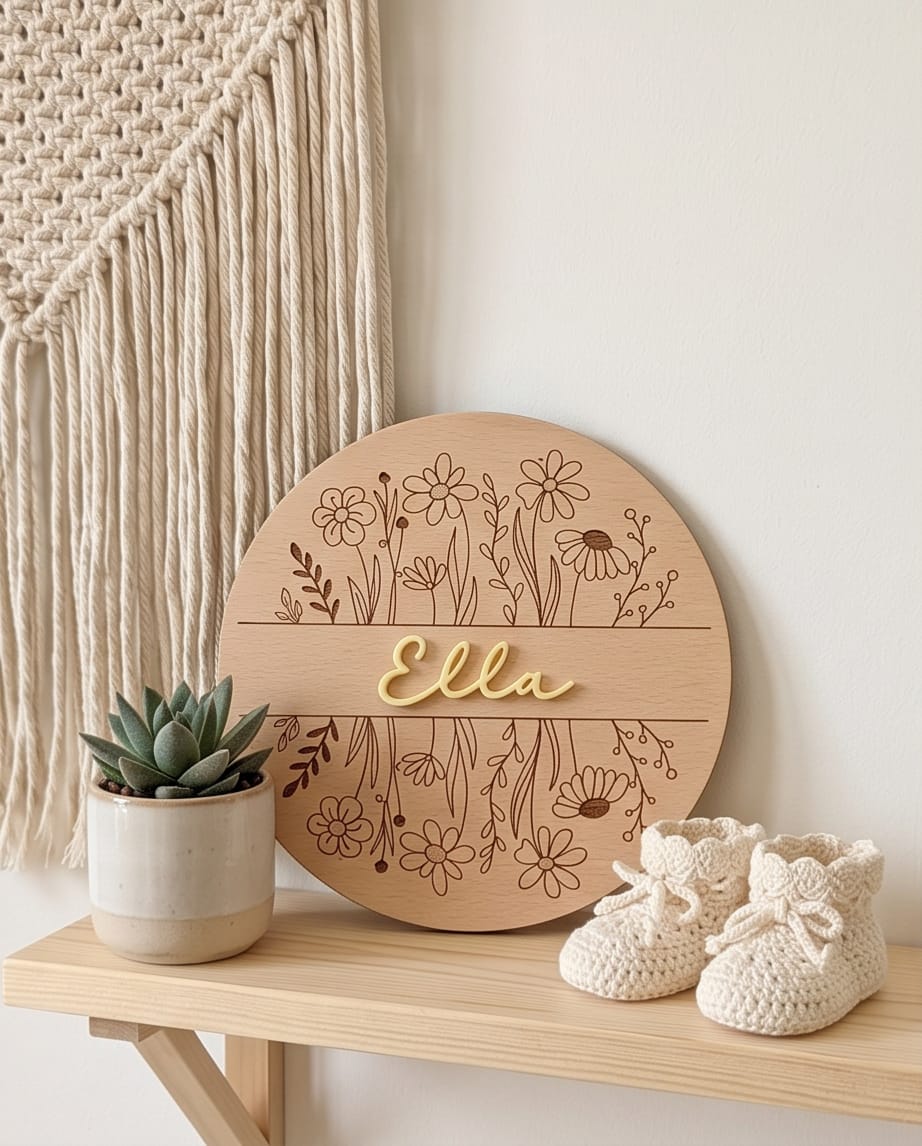 Personalisiertes Holzschild mit Blumen-Gravur & 3D Acryl-Namen | Türschild Kinderzimmer