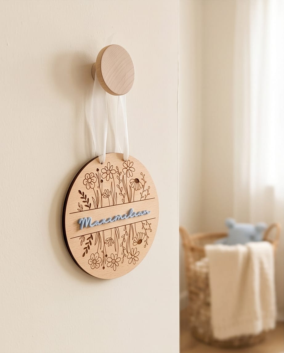 Personalisiertes Holzschild mit Blumen-Gravur & 3D Acryl-Namen | Türschild Kinderzimmer