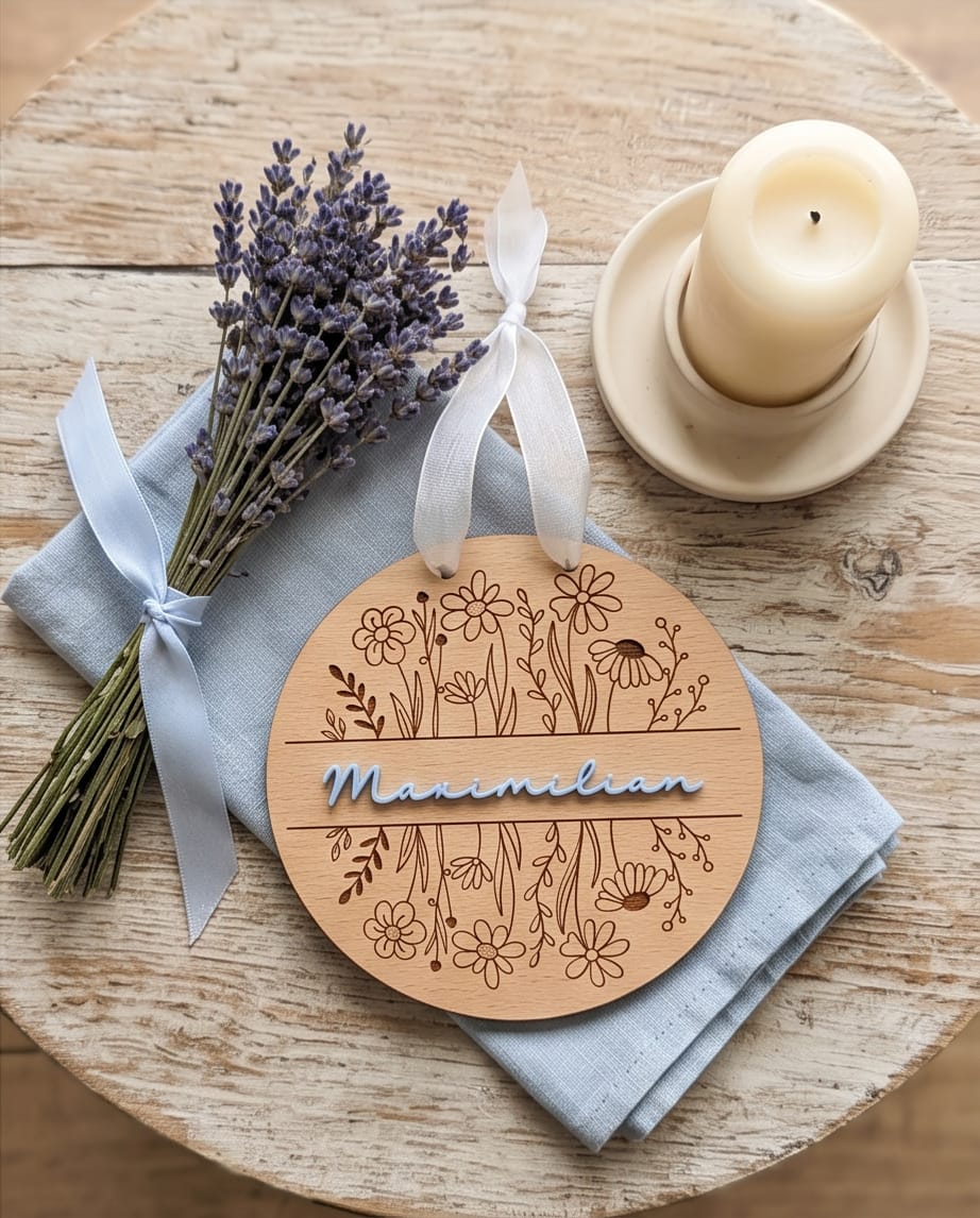 Personalisiertes Holzschild mit Blumen-Gravur & 3D Acryl-Namen | Türschild Kinderzimmer