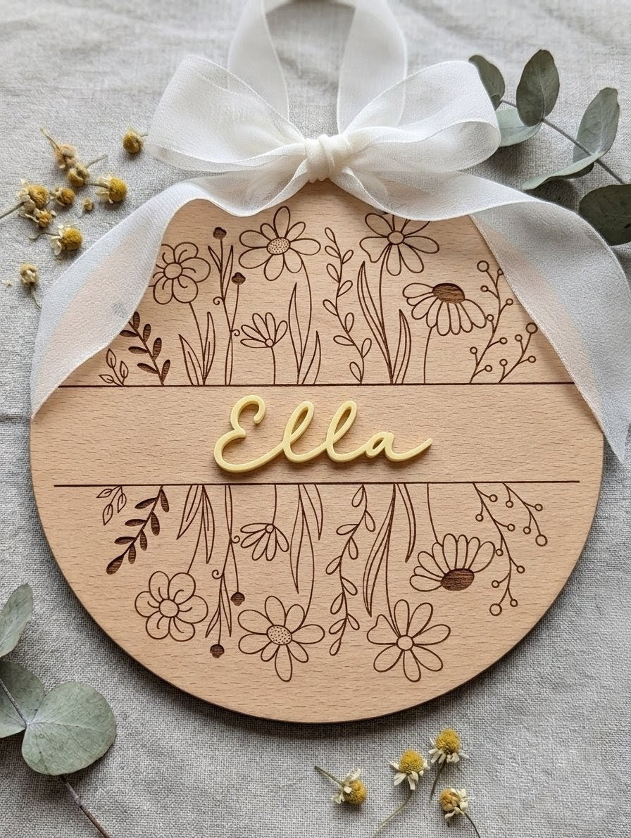 Personalisiertes Holzschild mit Blumen-Gravur & 3D Acryl-Namen | Türschild Kinderzimmer