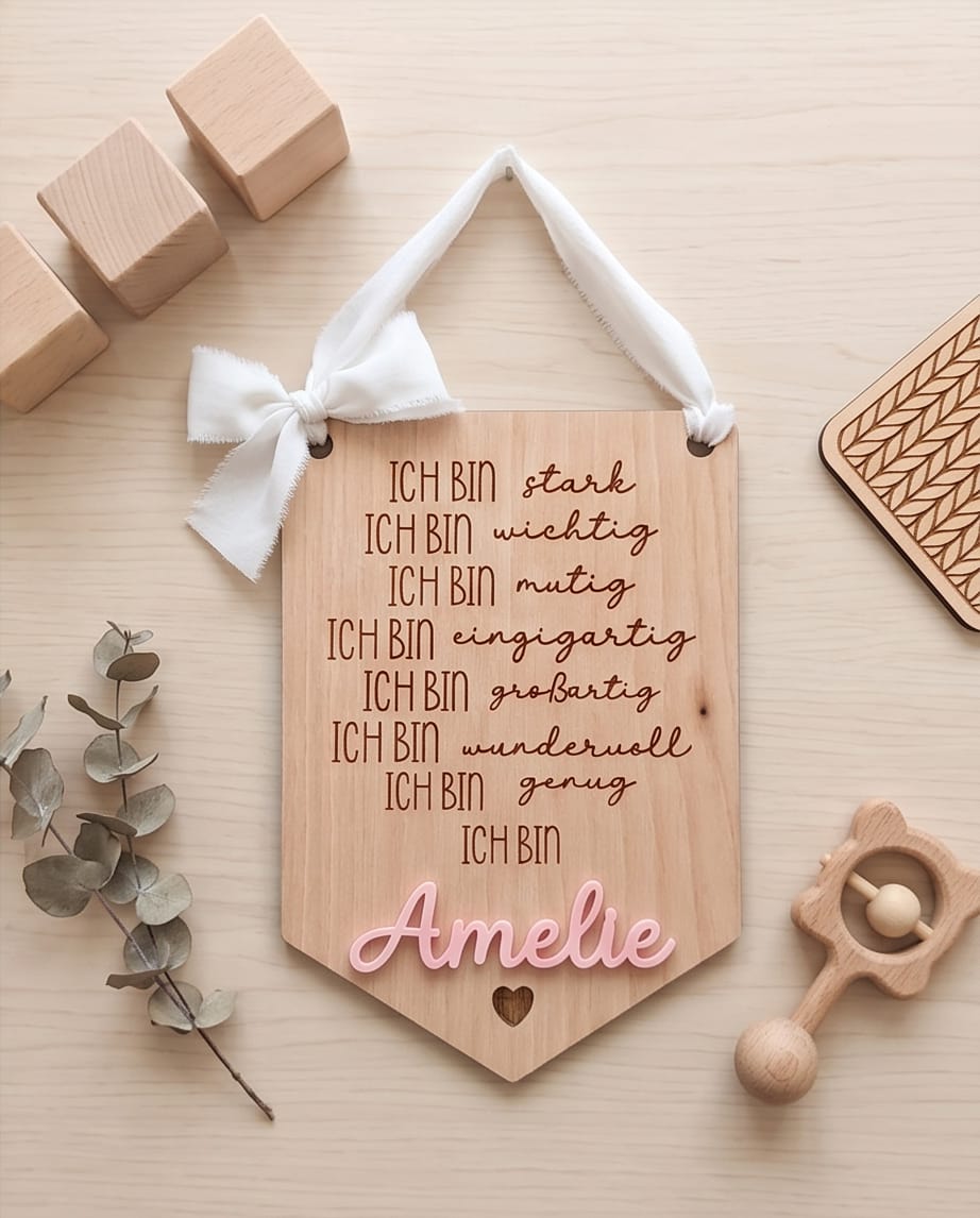 Personalisiertes Affirmations-Schild für Kinder | "Ich bin" Holz-Wanddeko mit 3D-Wunschname