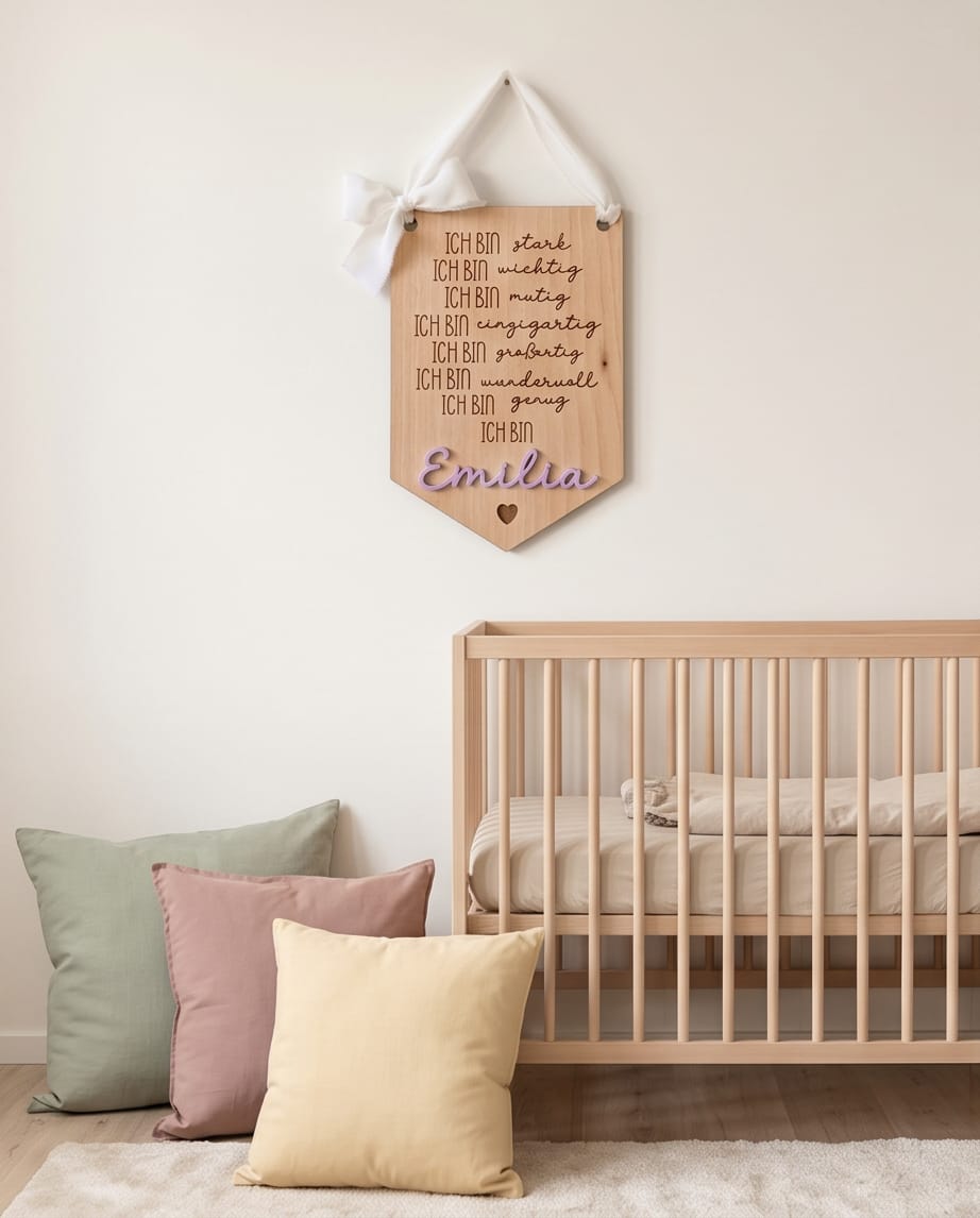 Personalisiertes Affirmations-Schild für Kinder | "Ich bin" Holz-Wanddeko mit 3D-Wunschname