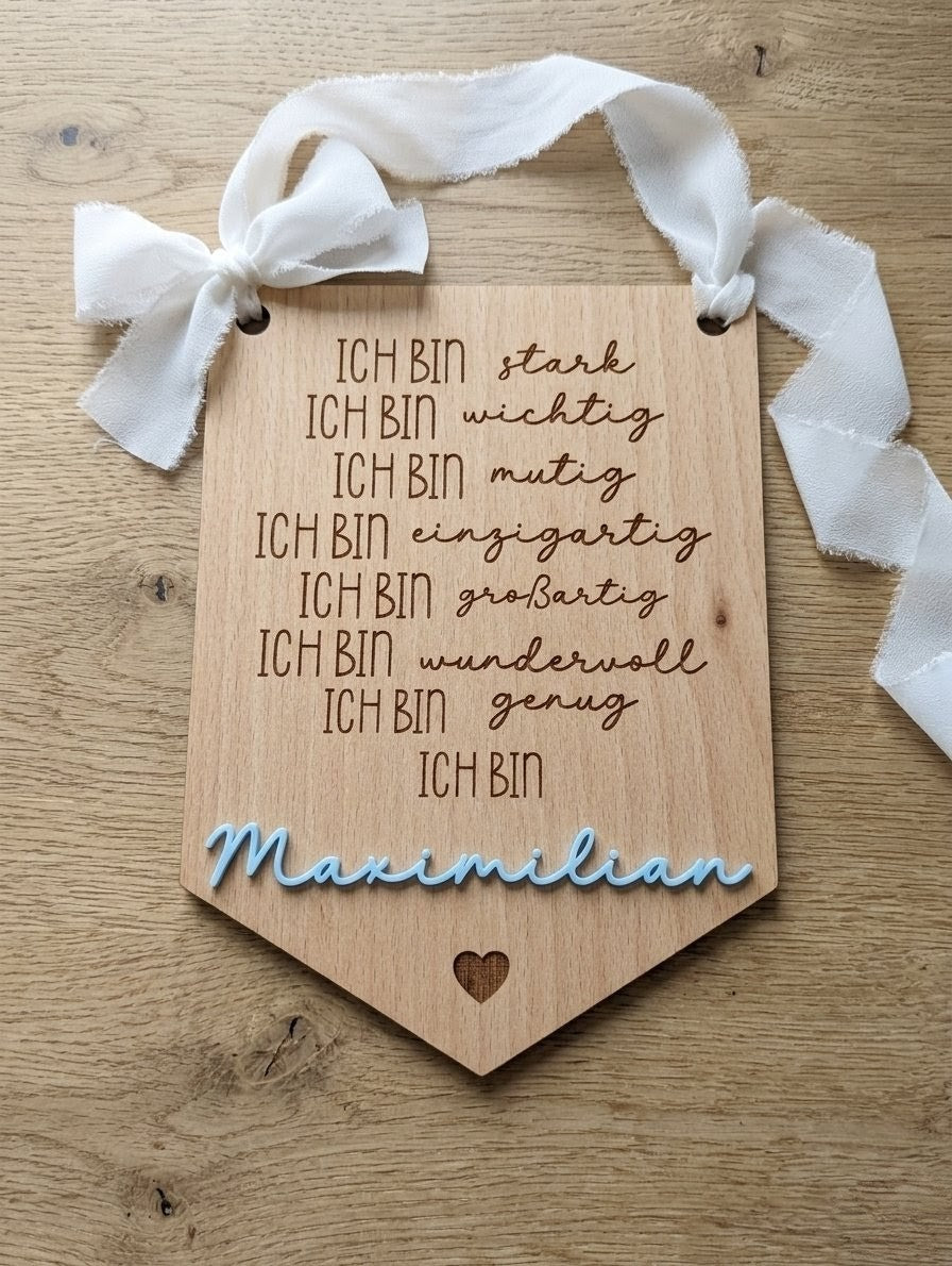Personalisiertes Affirmations-Schild für Kinder | "Ich bin" Holz-Wanddeko mit 3D-Wunschname