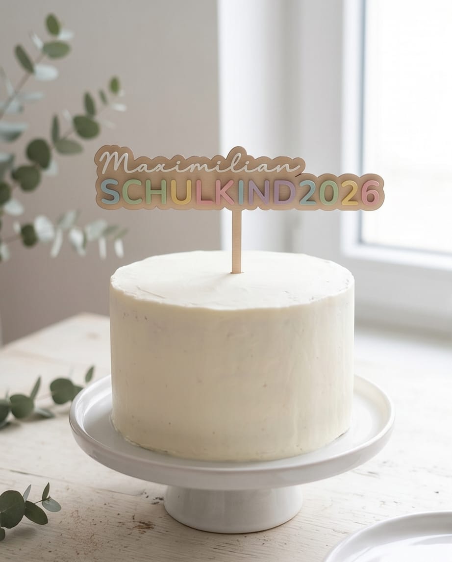 Personalisierter Cake Topper "Schulkind 2026" | Tortenstecker aus Holz mit 3D-Wunschname