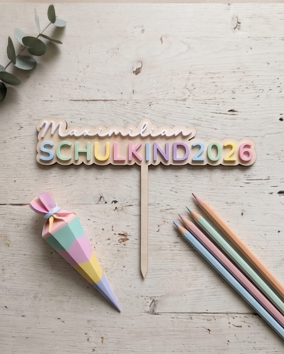 Personalisierter Cake Topper "Schulkind 2026" | Tortenstecker aus Holz mit 3D-Wunschname