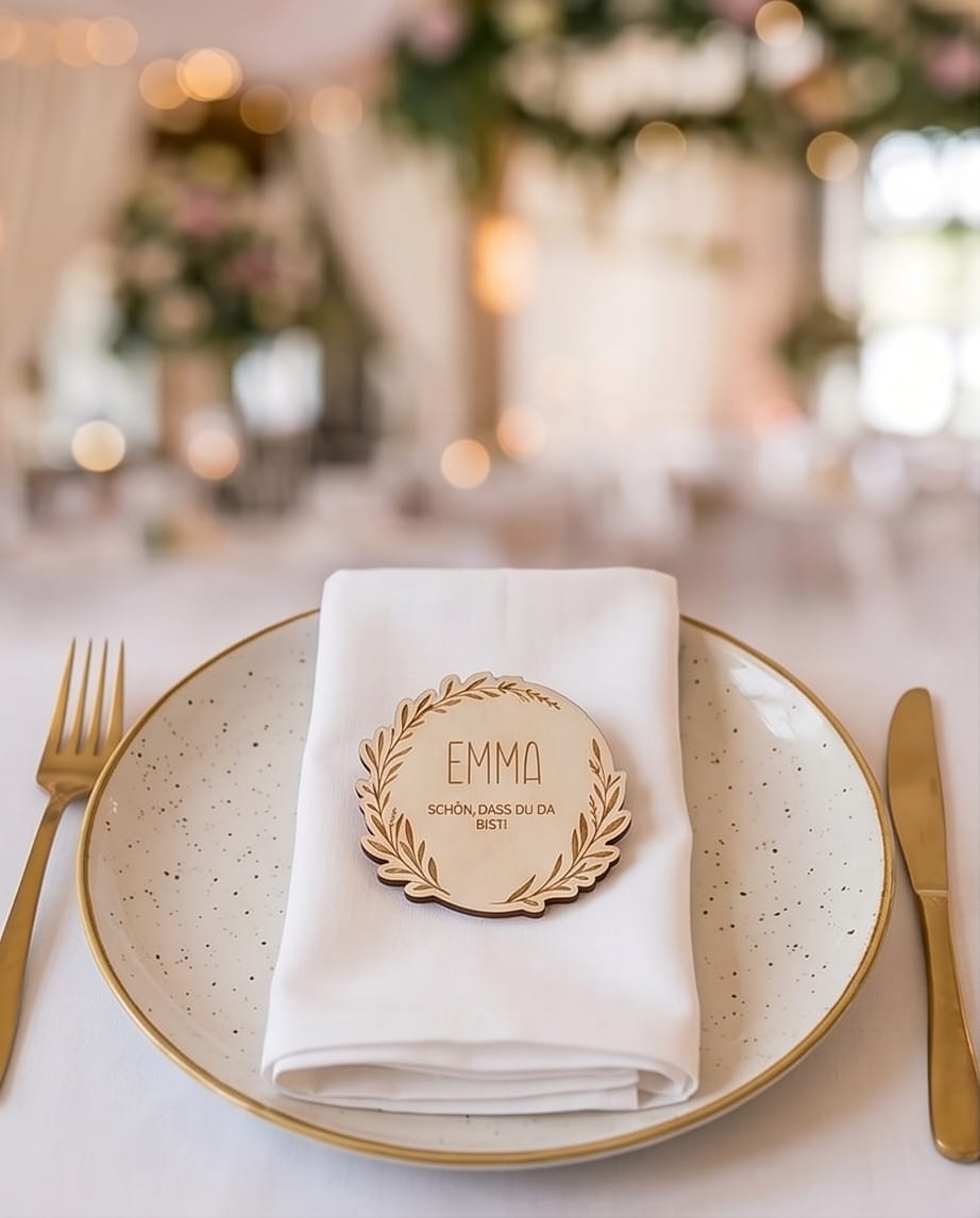 Personalisierte Platzkarte aus Holz "Floral" | Namensschild für Hochzeit, Geburtstag & Jubiläum