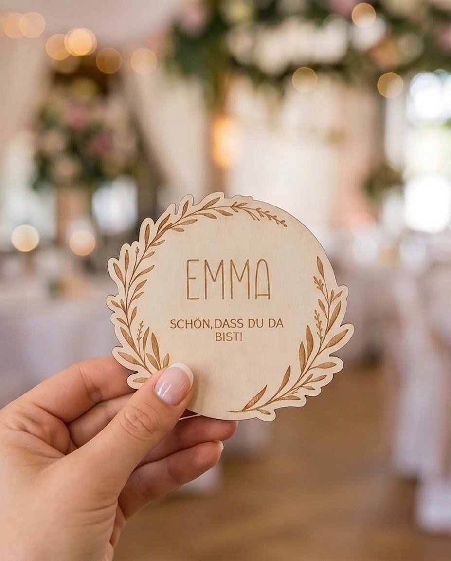 Personalisierte Platzkarte aus Holz "Floral" | Namensschild für Hochzeit, Geburtstag & Jubiläum