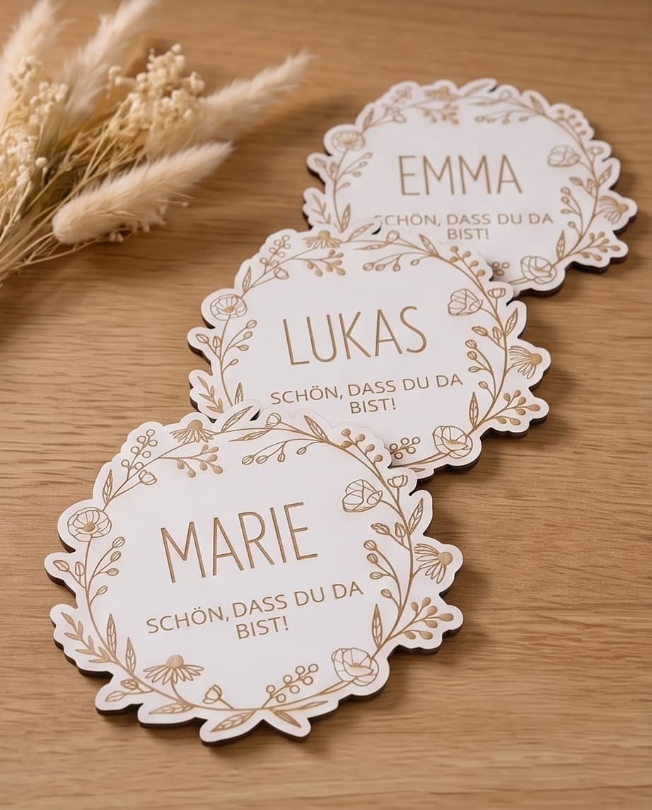 Personalisierte Platzkarte aus Holz "Wildblumen" | Tischkarte mit Konturschnitt für Hochzeit & Event
