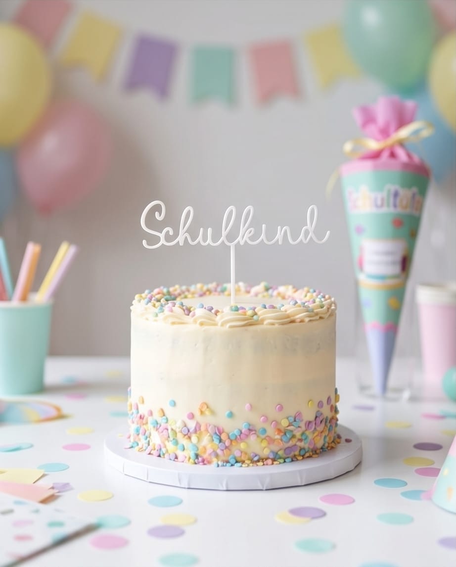 Cake Topper "Schulkind" aus Acryl | Eleganter Tortenstecker für die Einschulung in Wunschfarbe