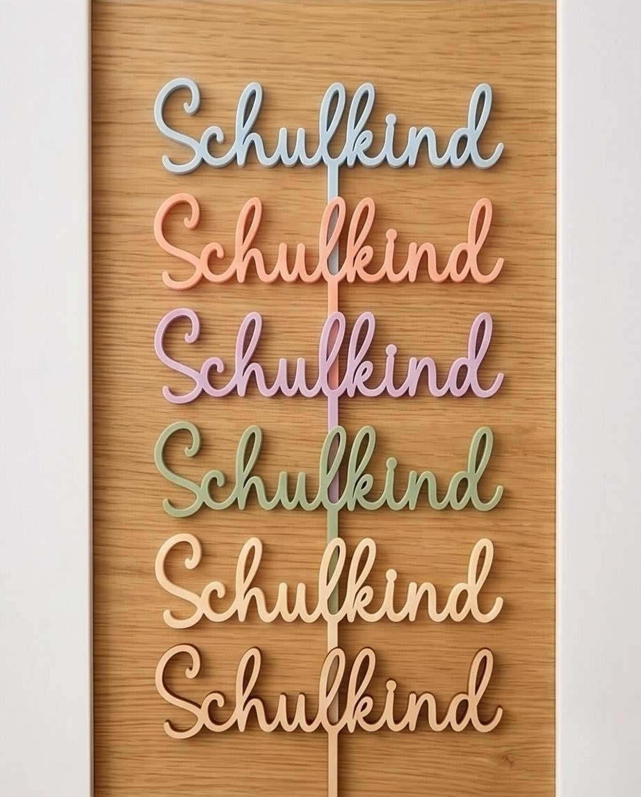 Cake Topper "Schulkind" aus Acryl | Eleganter Tortenstecker für die Einschulung in Wunschfarbe