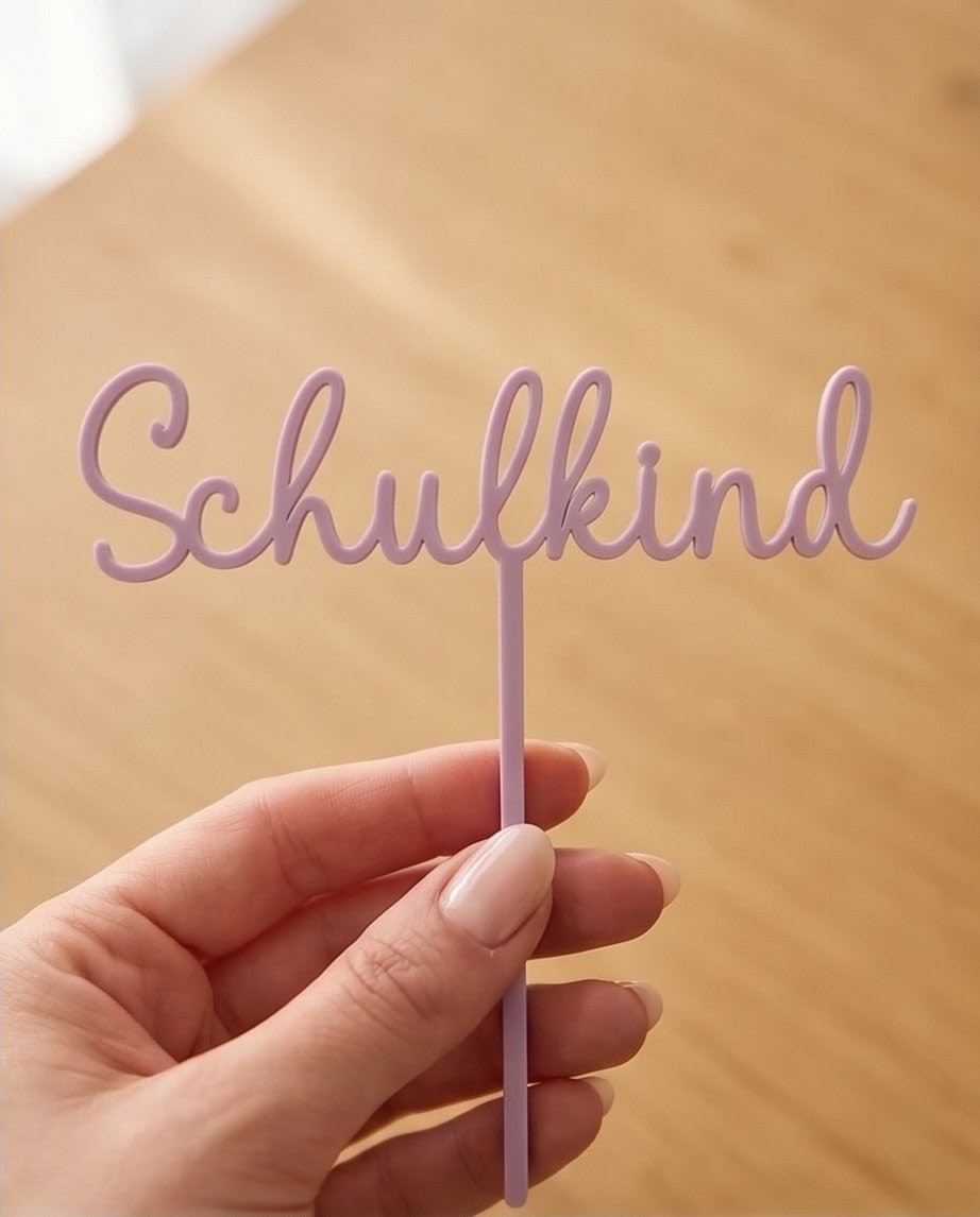 Cake Topper "Schulkind" aus Acryl | Eleganter Tortenstecker für die Einschulung in Wunschfarbe