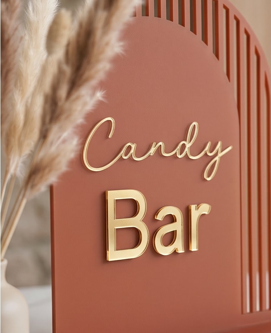 Aufsteller "Candy Bar" aus Acryl im Bogen-Design | Schild mit 3D-Schrift für Hochzeit & Event
